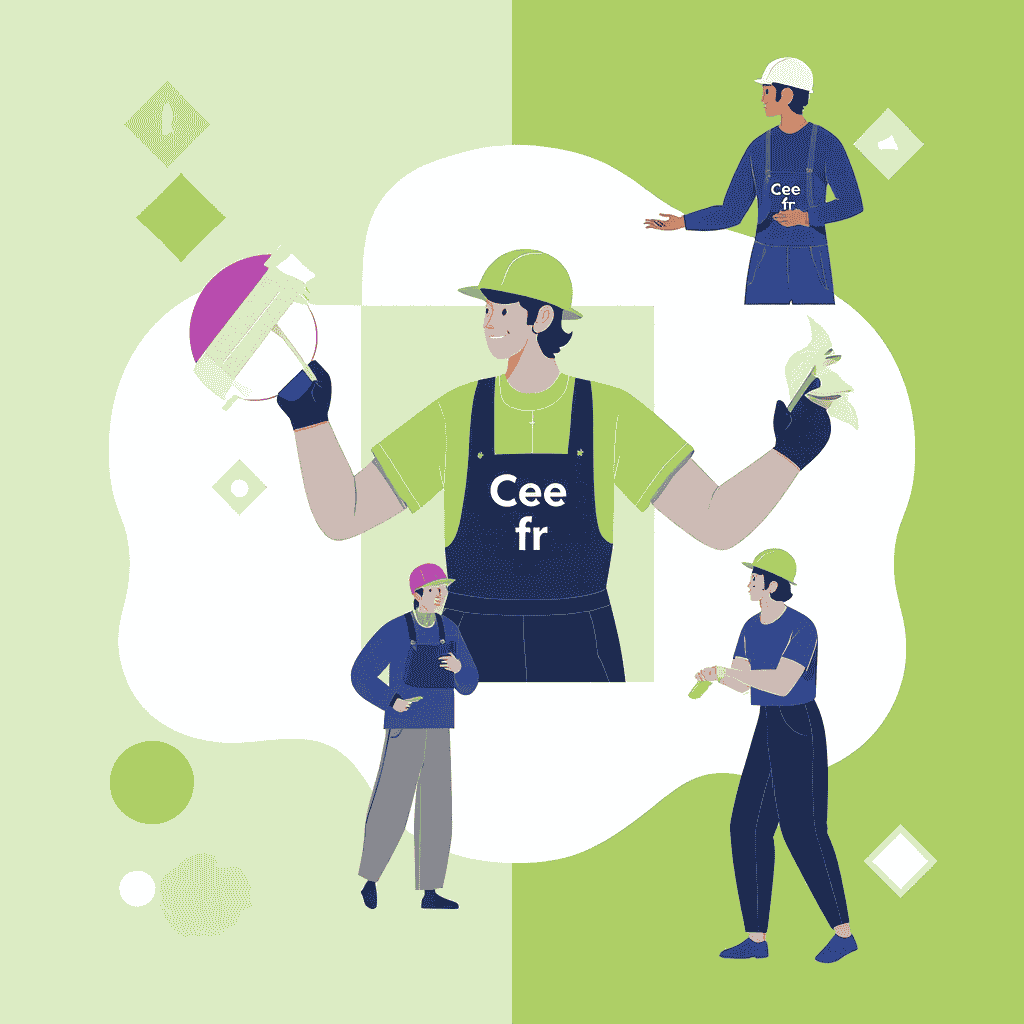 Travailleurs portant uniformes et casques, fond vert.