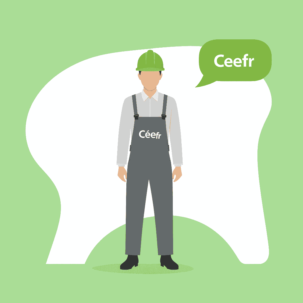 Ouvrier Ceefr avec casque vert et salopette grise.